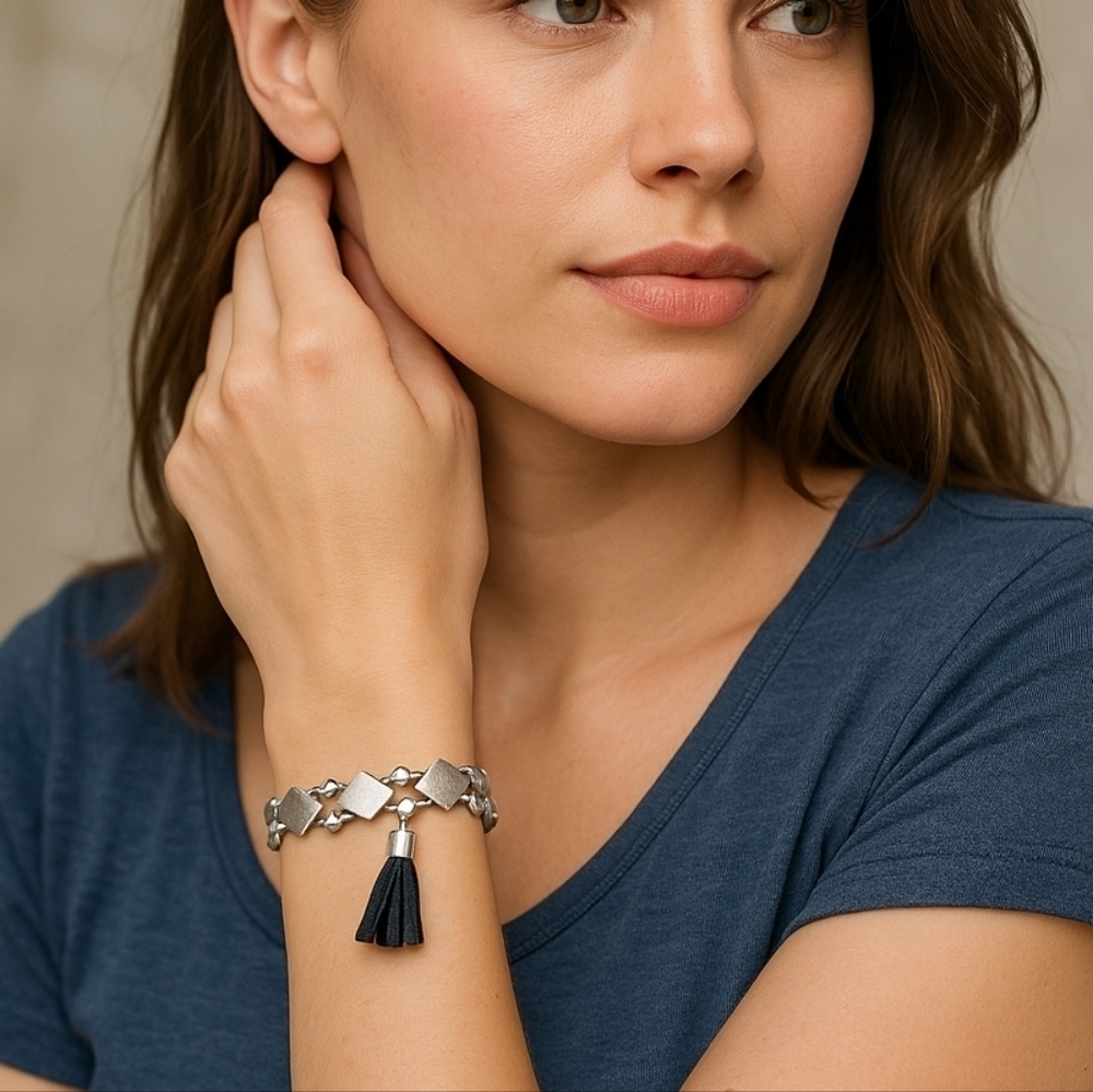 Marlyn Schiff Silver Geometric Bracelet with Black Leather Tassel